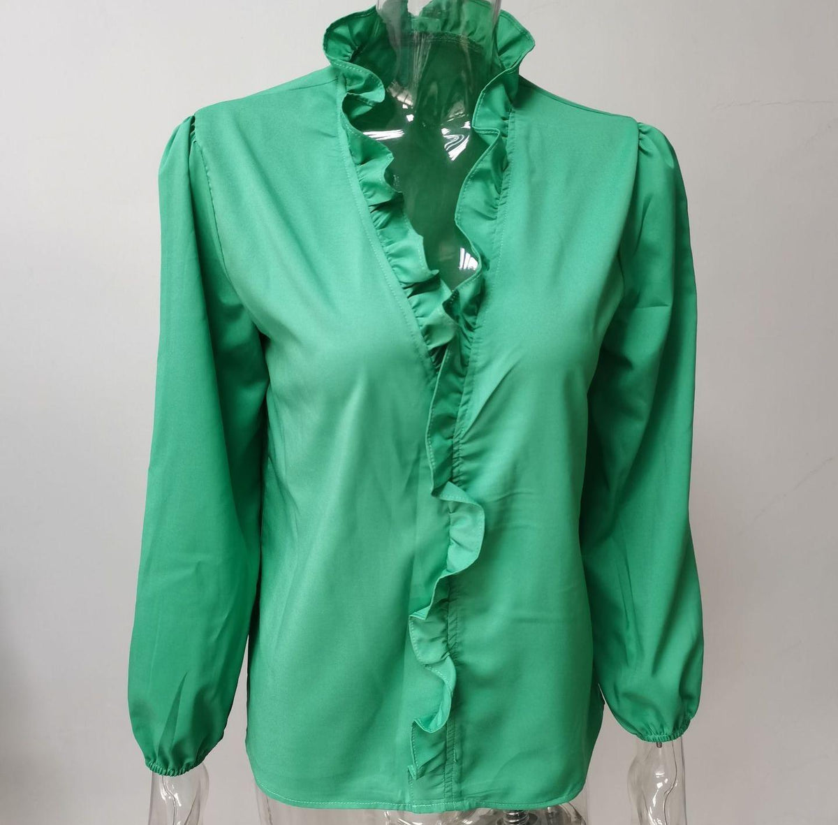 Ruffle Placket Stand Collar Blouse - Green