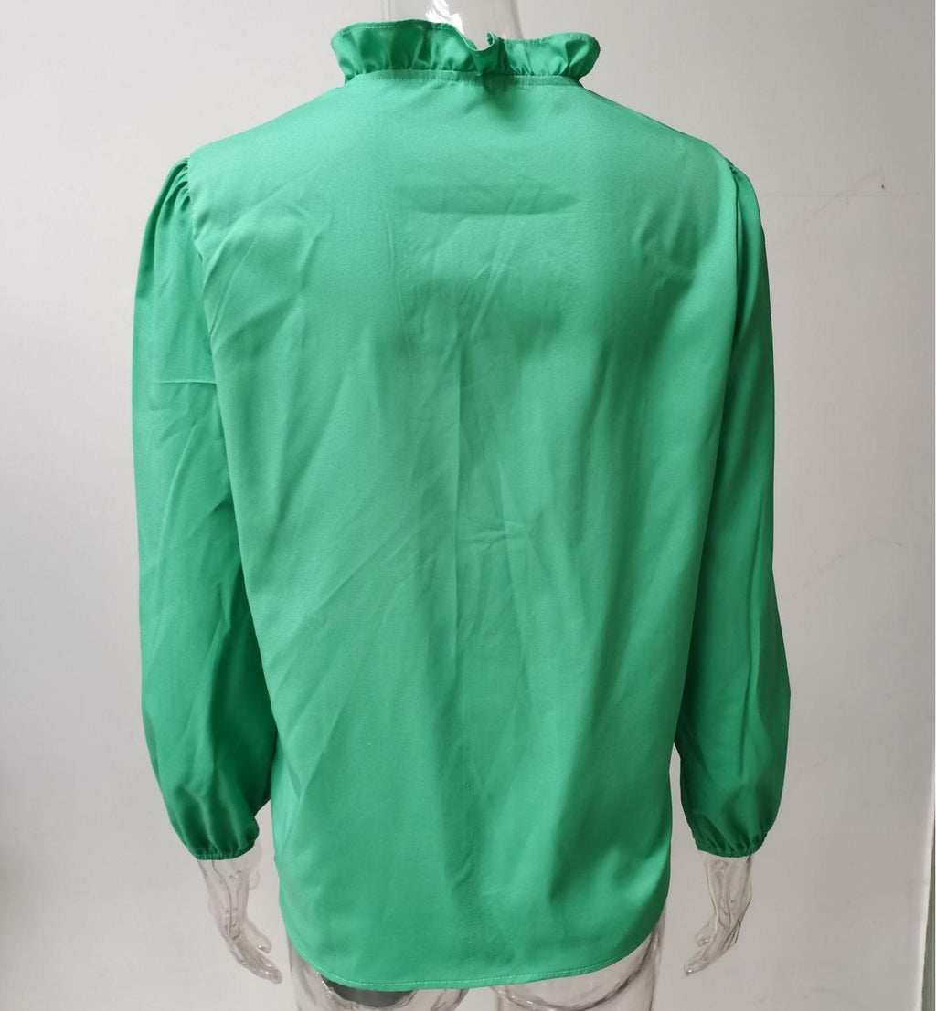 Ruffle Placket Stand Collar Blouse - Green - 1