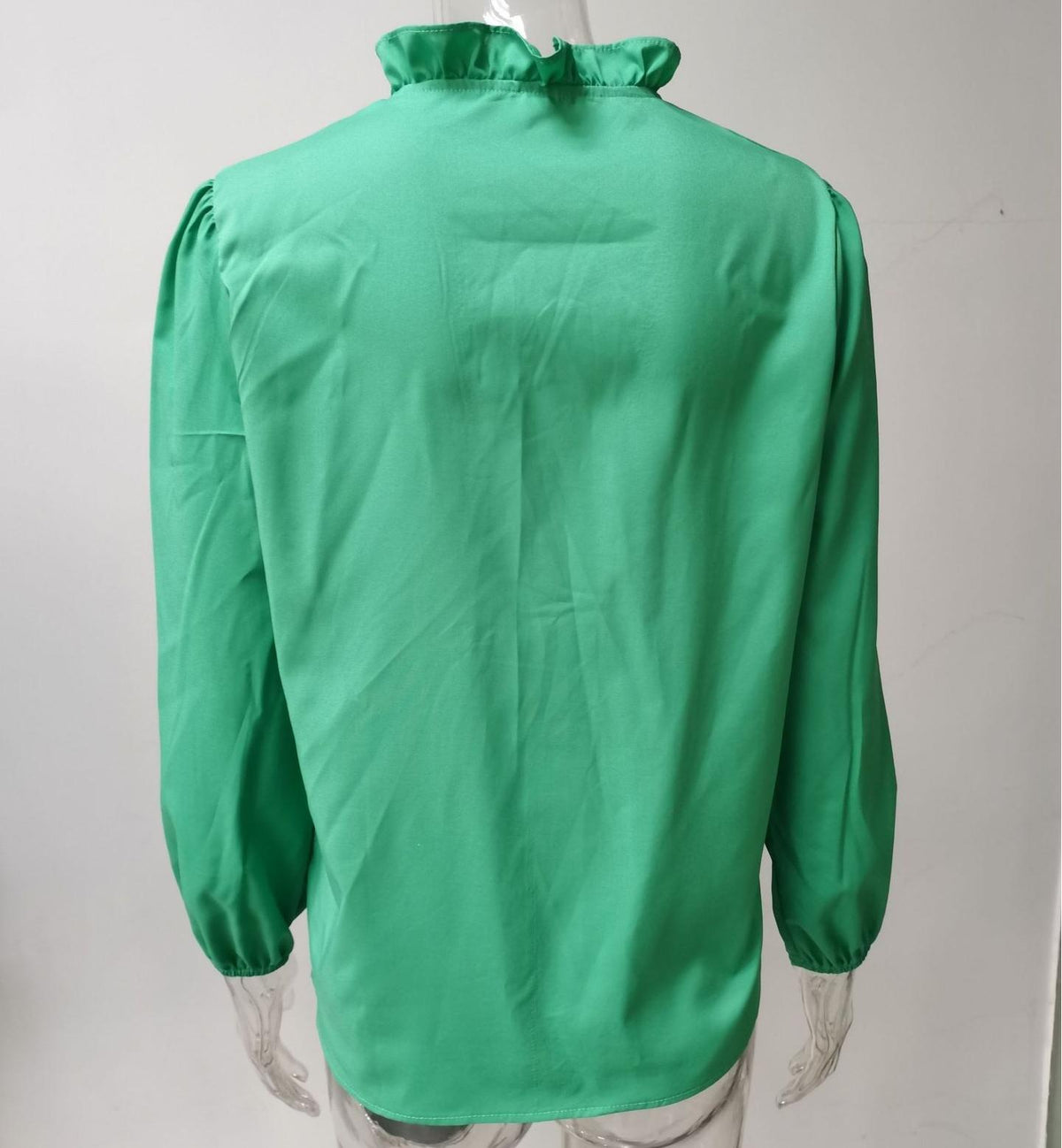 Ruffle Placket Stand Collar Blouse - Green - 1