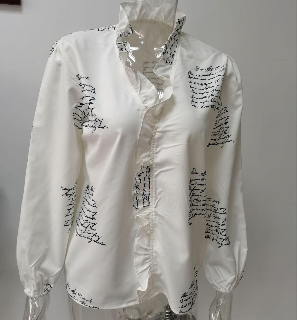 Ruffle Placket Stand Collar Blouse - Letter