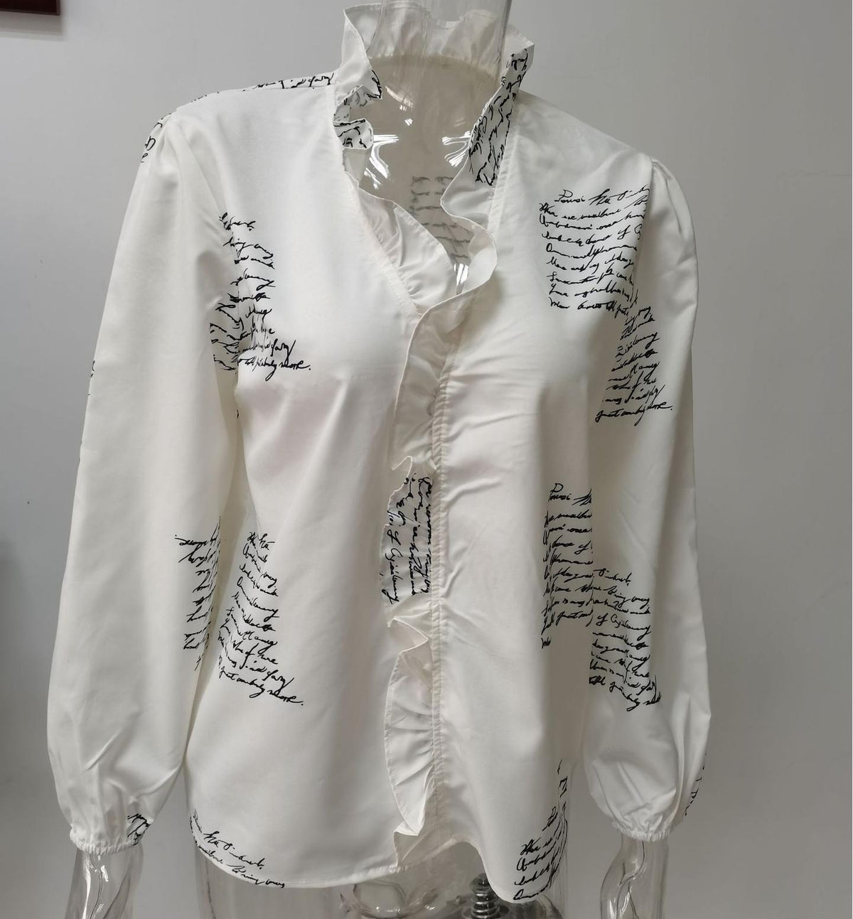 Ruffle Placket Stand Collar Blouse - Letter