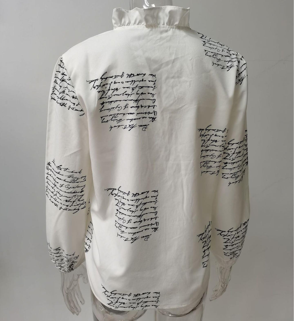 Ruffle Placket Stand Collar Blouse - Letter - 1