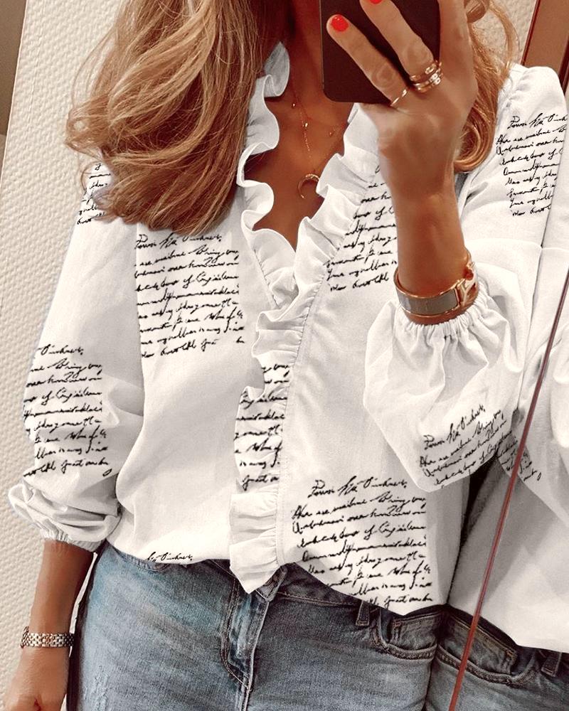 Ruffle Placket Stand Collar Blouse - Letter - 2