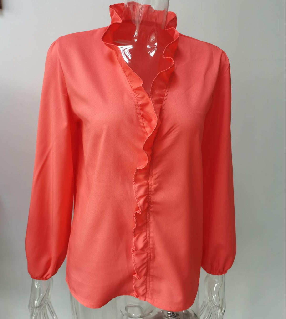 Ruffle Placket Stand Collar Blouse - Orange