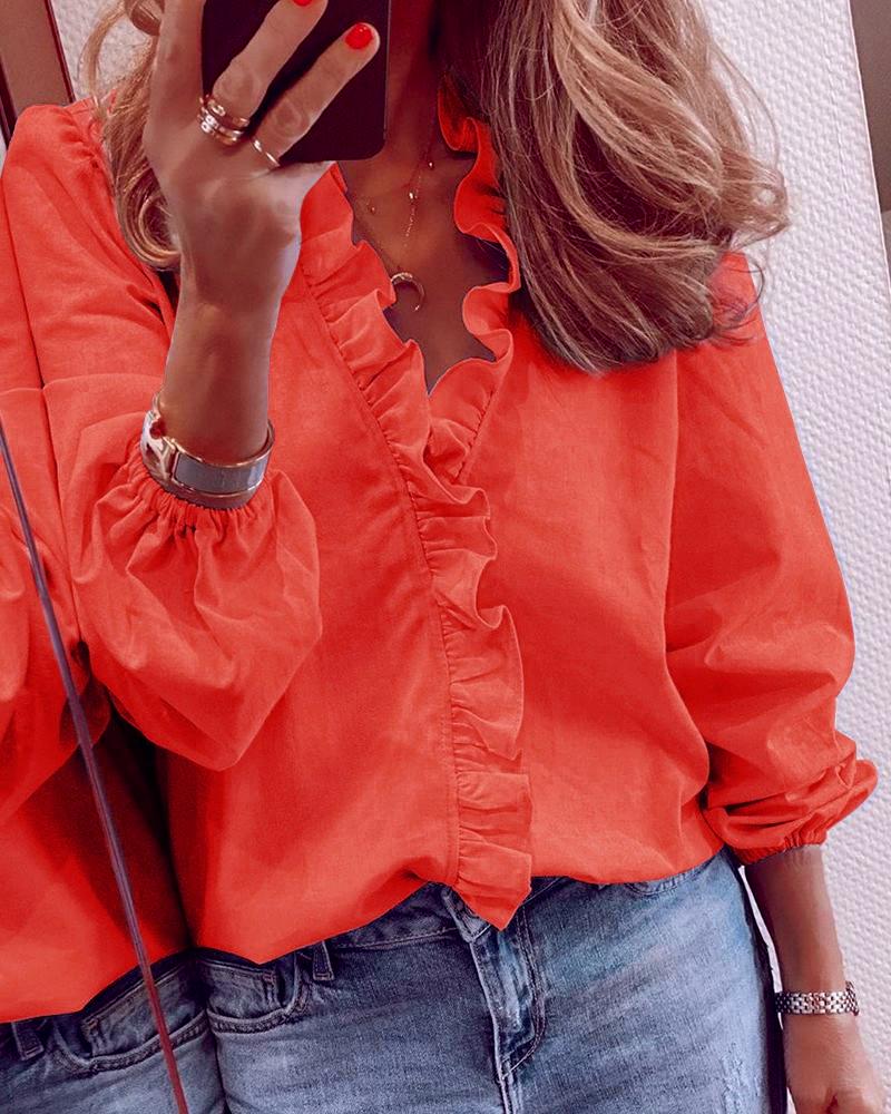 Ruffle Placket Stand Collar Blouse - Orange - 1