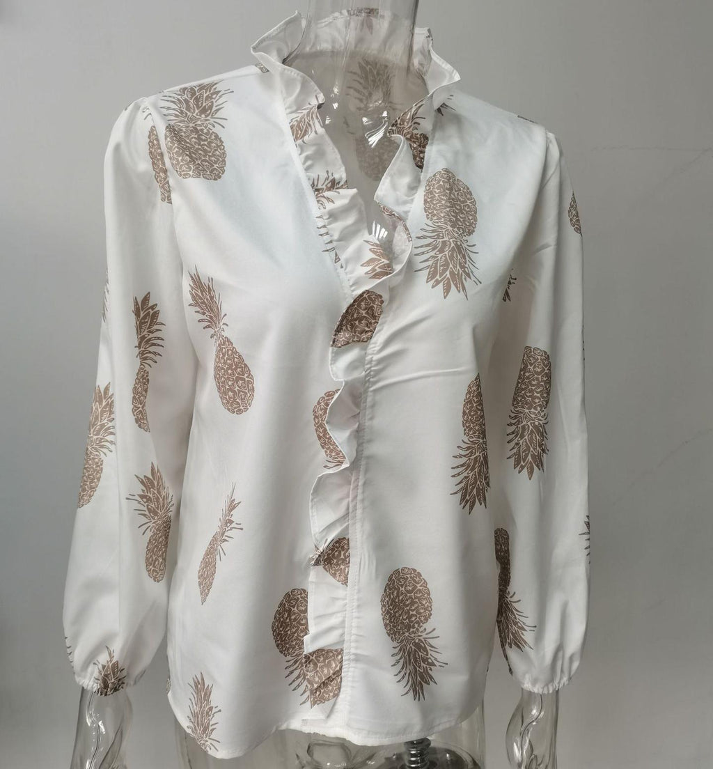 Ruffle Placket Stand Collar Blouse - PWhite - 1