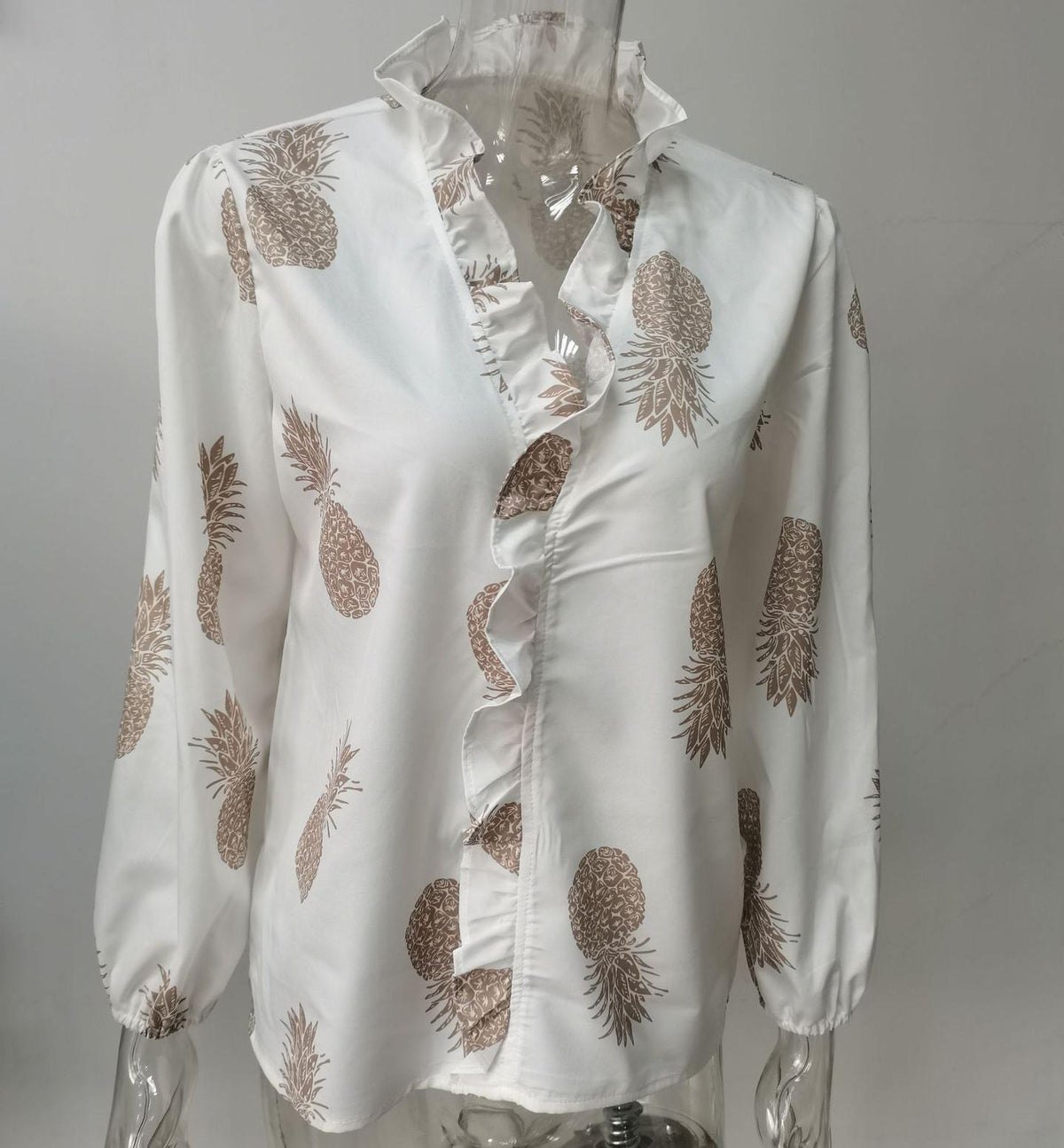 Ruffle Placket Stand Collar Blouse - PWhite - 1