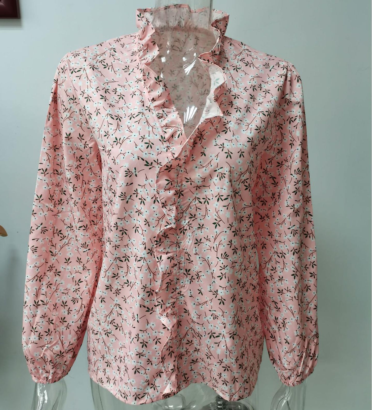 Ruffle Placket Stand Collar Blouse - Pink