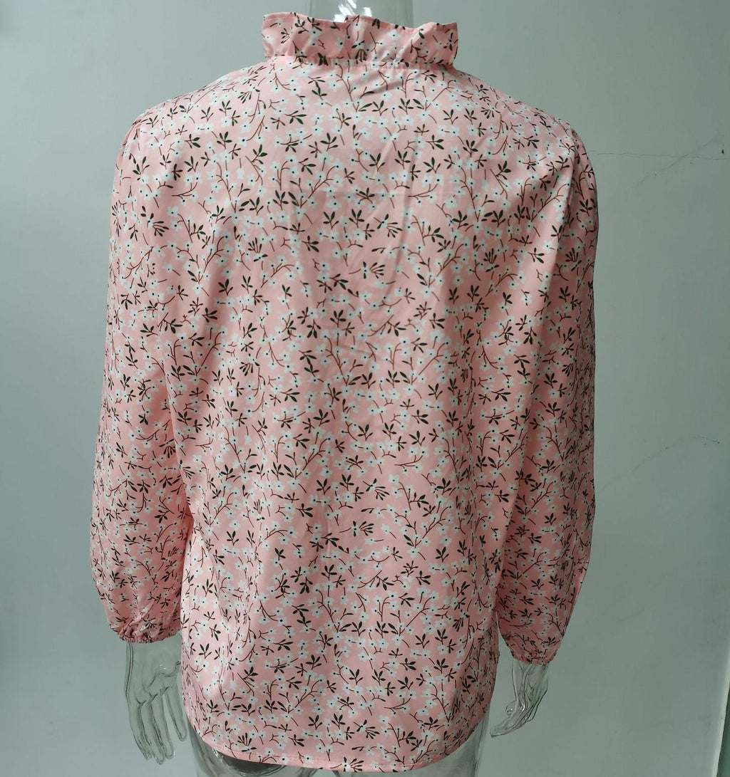 Ruffle Placket Stand Collar Blouse - Pink - 1