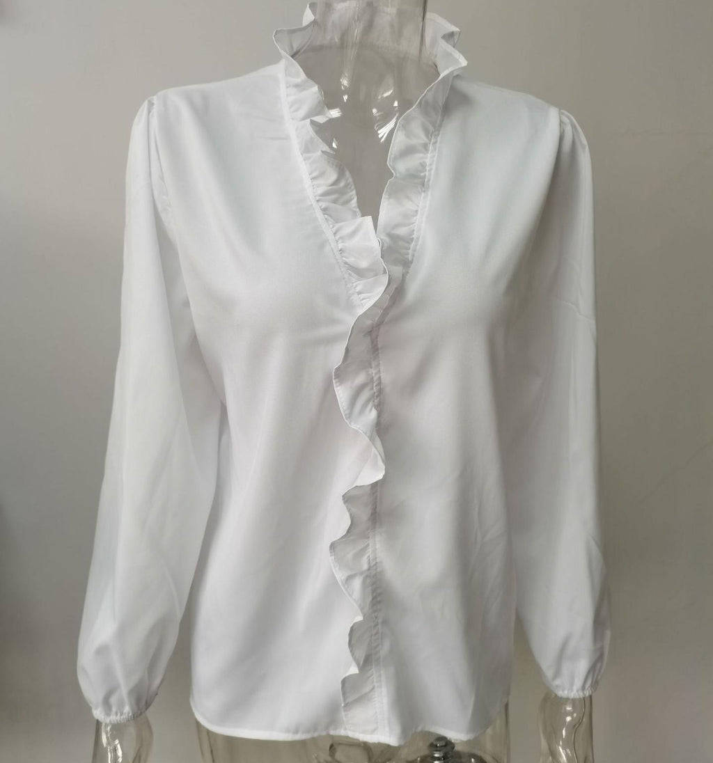 Ruffle Placket Stand Collar Blouse - White