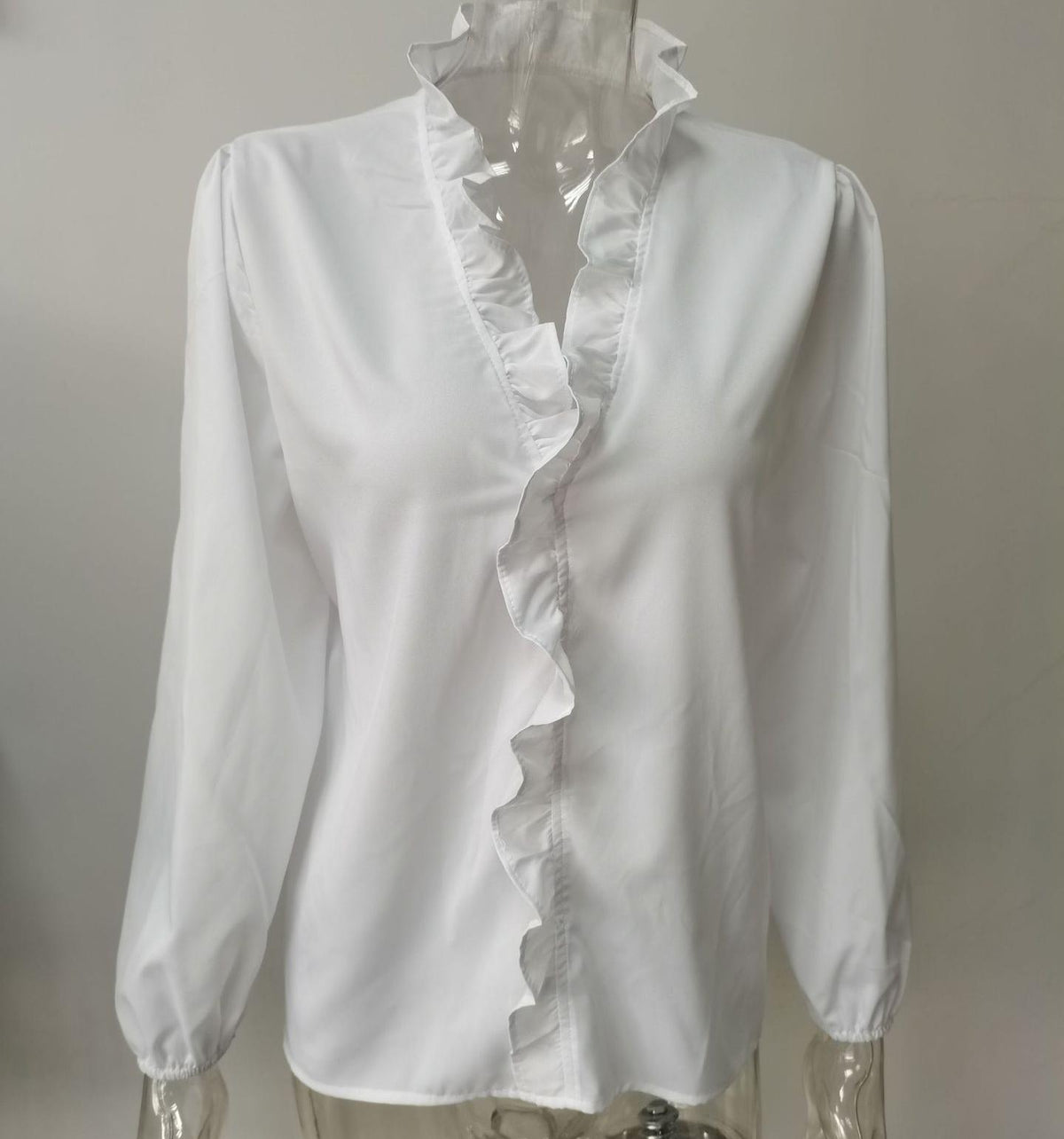 Ruffle Placket Stand Collar Blouse - White