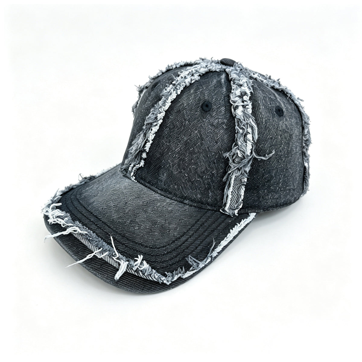 Frayed Edge Washed Denim Baseball Cap - Black - 1
