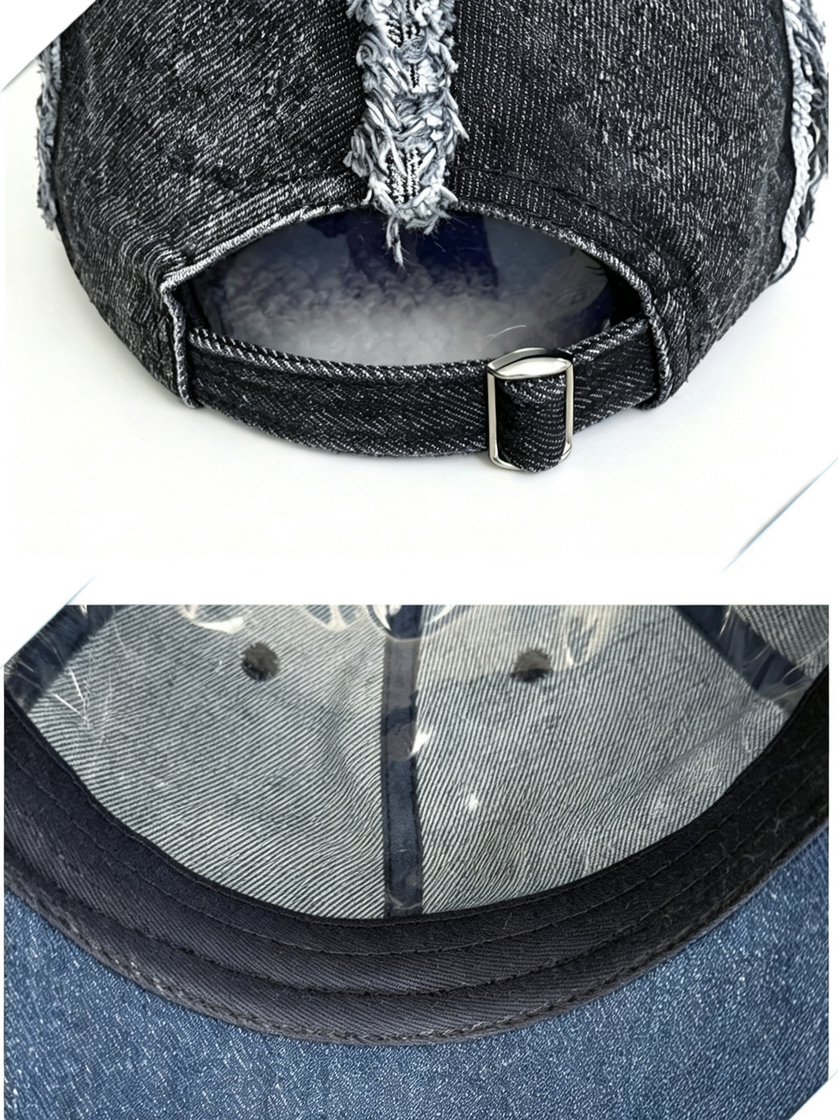 Frayed Edge Washed Denim Baseball Cap - Black - 3