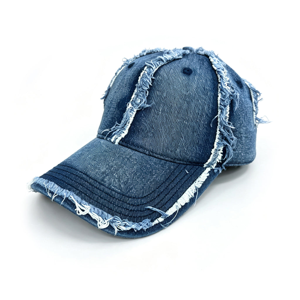 Frayed Edge Washed Denim Baseball Cap - DarkBlue