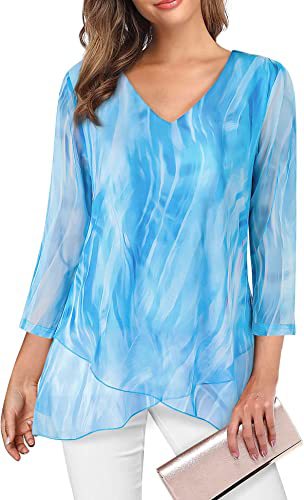 Chiffon Layered Hem Three Quarter Sleeve Tunic - Blue