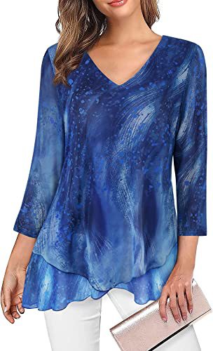 Chiffon Layered Hem Three Quarter Sleeve Tunic - DarkBlue
