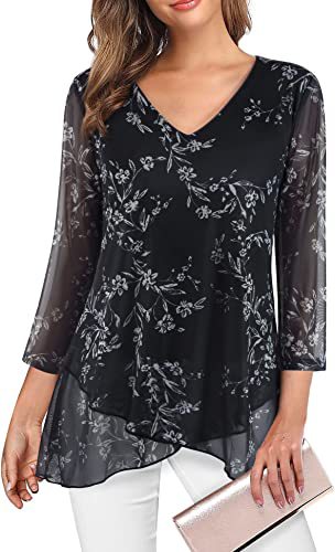 Chiffon Layered Hem Three Quarter Sleeve Tunic - Print_Black