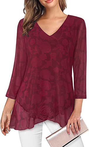 Chiffon Layered Hem Three Quarter Sleeve Tunic - Red