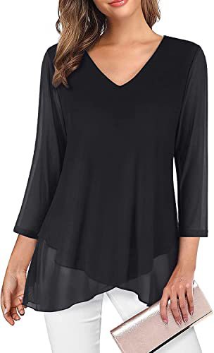 Chiffon Layered Hem Three Quarter Sleeve Tunic - black