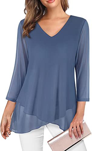 Chiffon Layered Hem Three Quarter Sleeve Tunic - grey