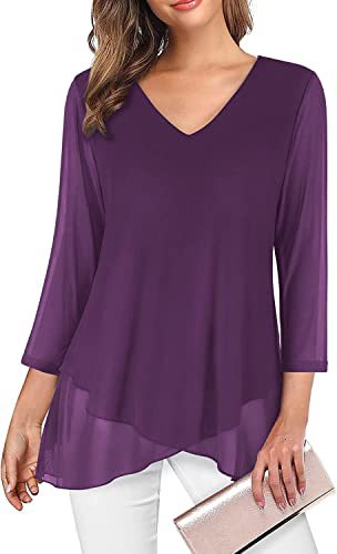 Chiffon Layered Hem Three Quarter Sleeve Tunic - purple