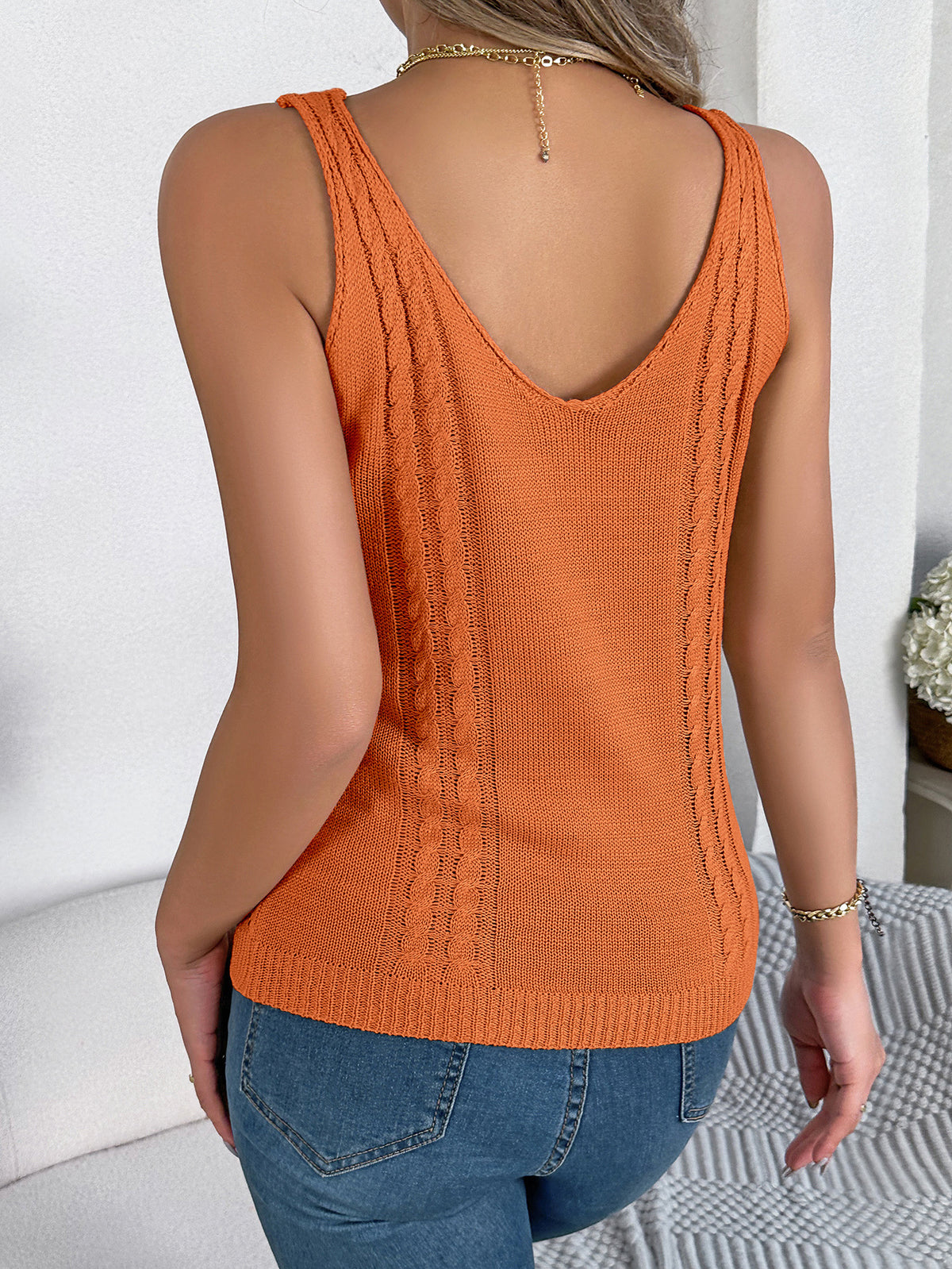 V Neck Openwork Knit Vest Top - Orange - 3