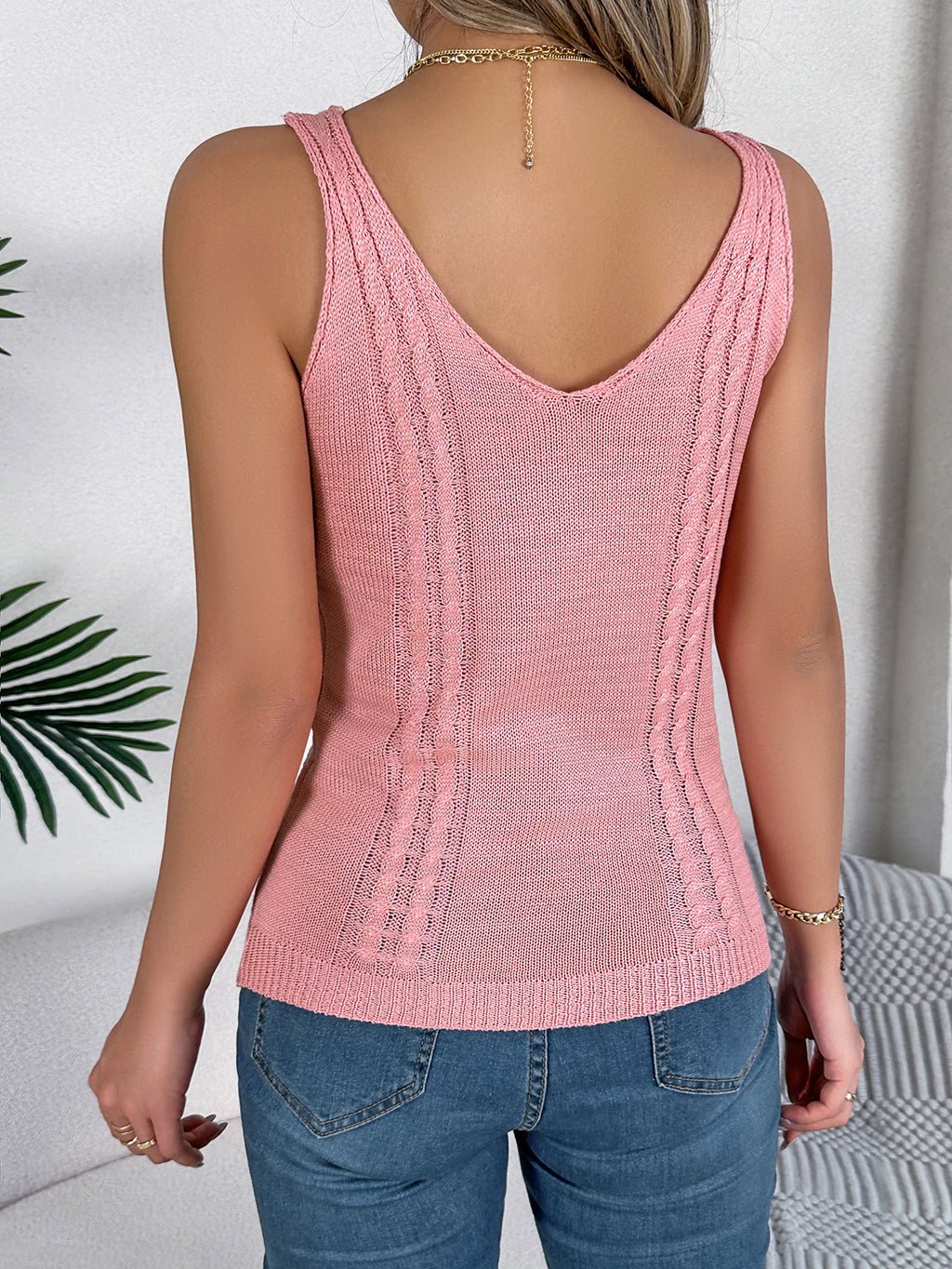 V Neck Openwork Knit Vest Top - Pink - 2