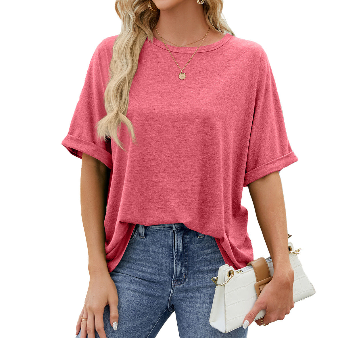 Oversized Drop Shoulder Crewneck Tee - DeepPink