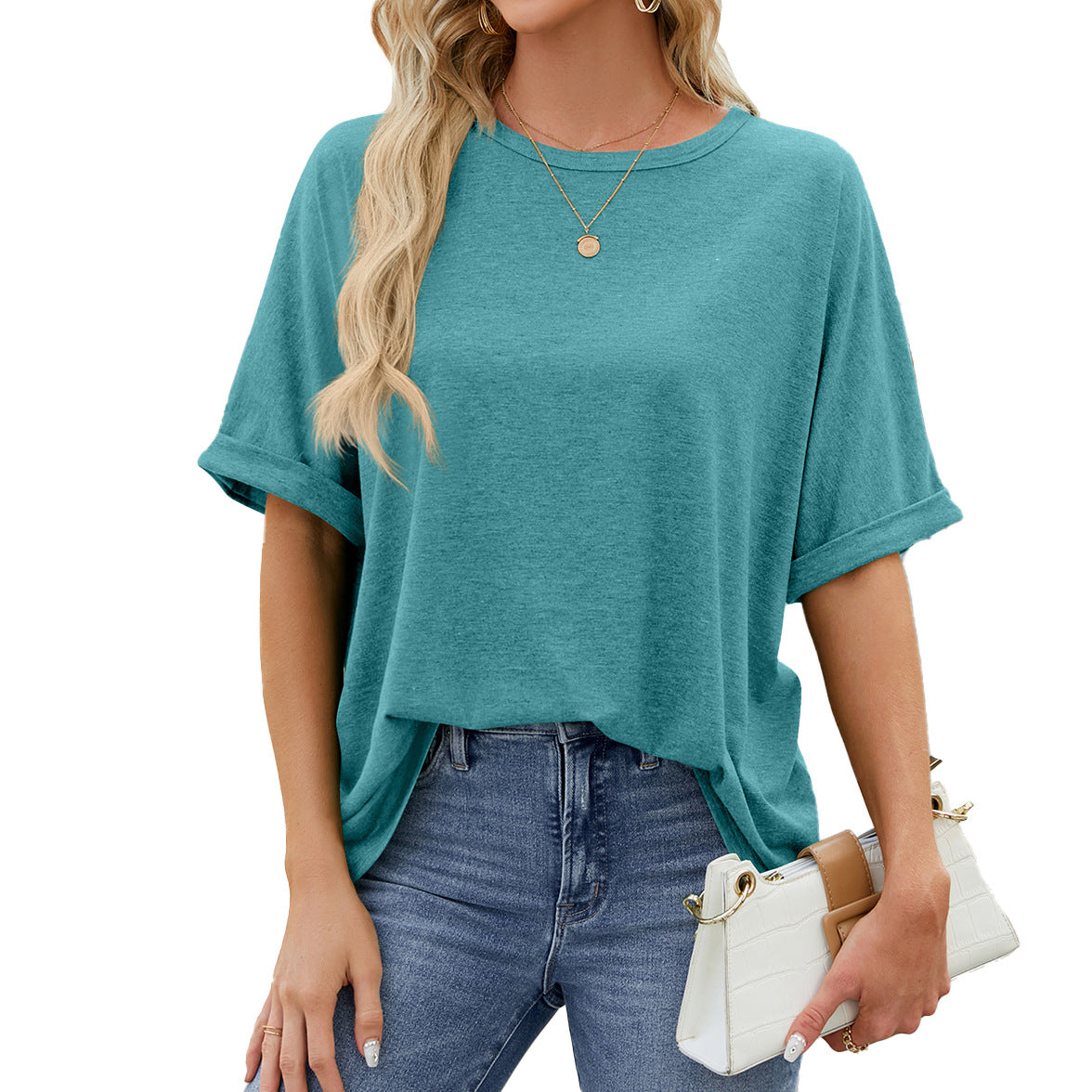 Oversized Drop Shoulder Crewneck Tee - Peacock