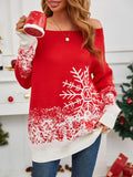 Snowflake Intarsia Off Shoulder Holiday Sweater - Red