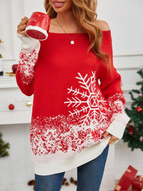 Snowflake Intarsia Off Shoulder Holiday Sweater - Red