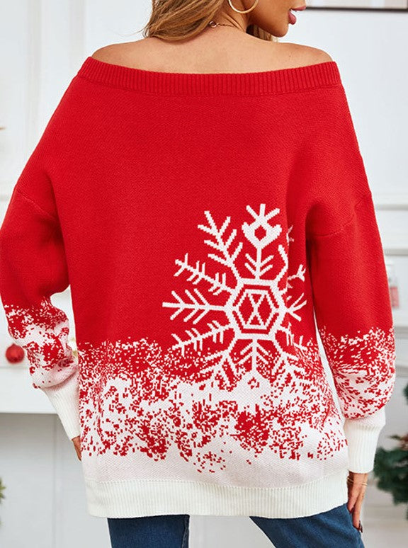 Snowflake Intarsia Off Shoulder Holiday Sweater - Red - 3