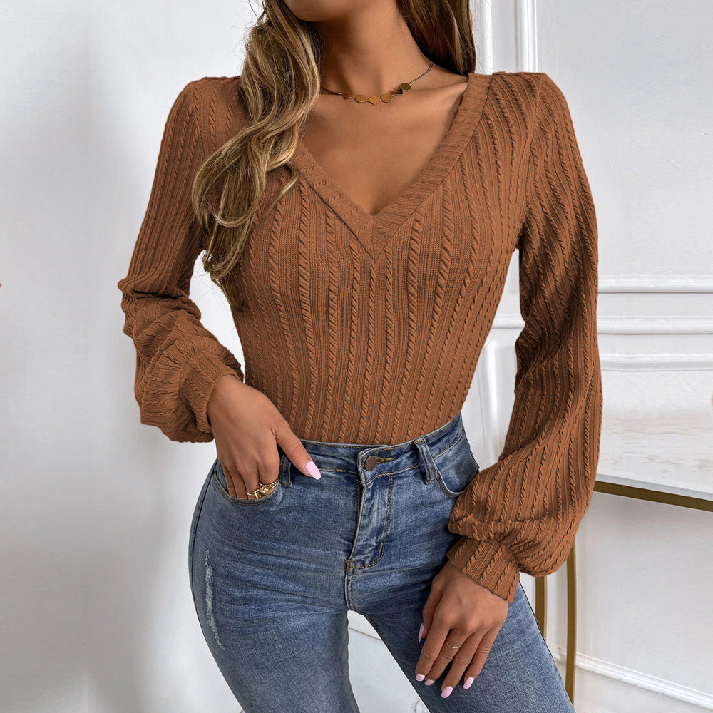 Balloon Sleeve V Neck Textured Knit Top - Caramel - 3