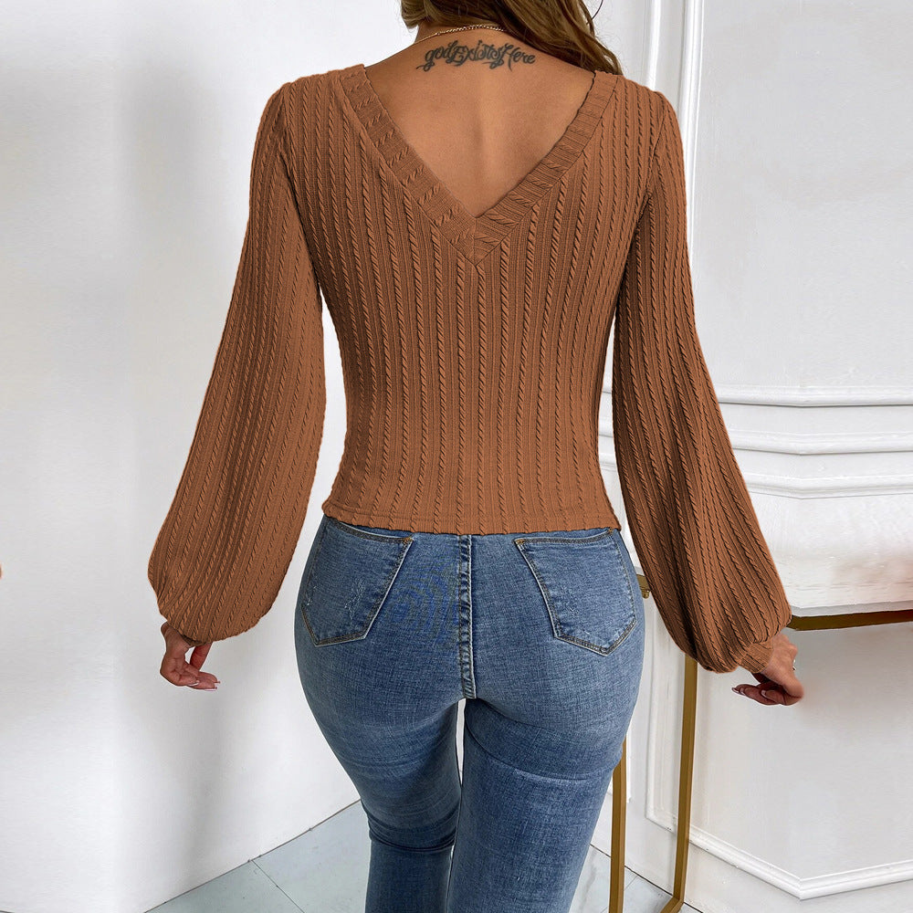 Balloon Sleeve V Neck Textured Knit Top - Caramel - 5