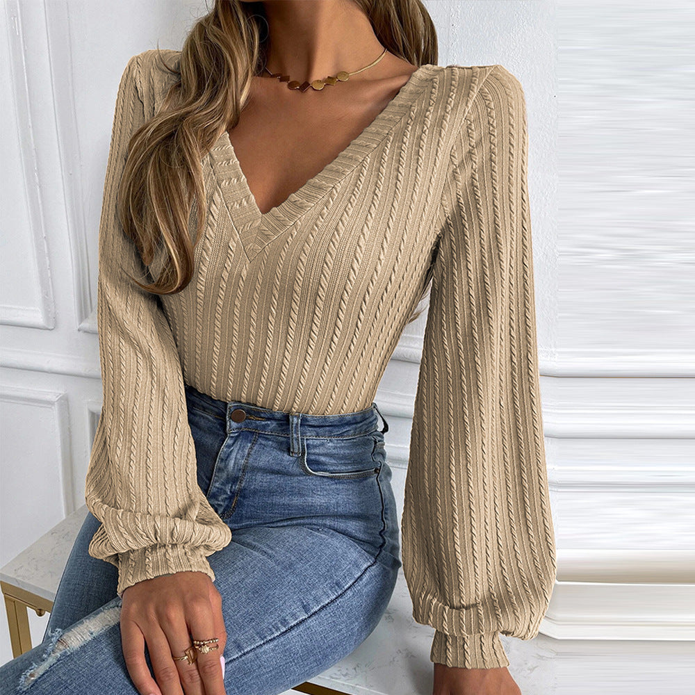 Balloon Sleeve V Neck Textured Knit Top - Khaki - 1