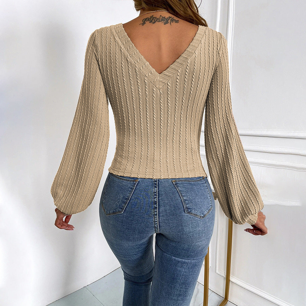 Balloon Sleeve V Neck Textured Knit Top - Khaki - 4