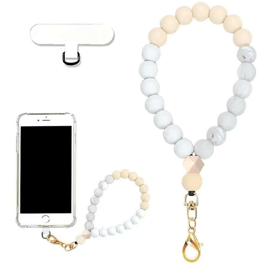 Silicone Bead Phone Wrist Lanyard With Tether Patch - Beige