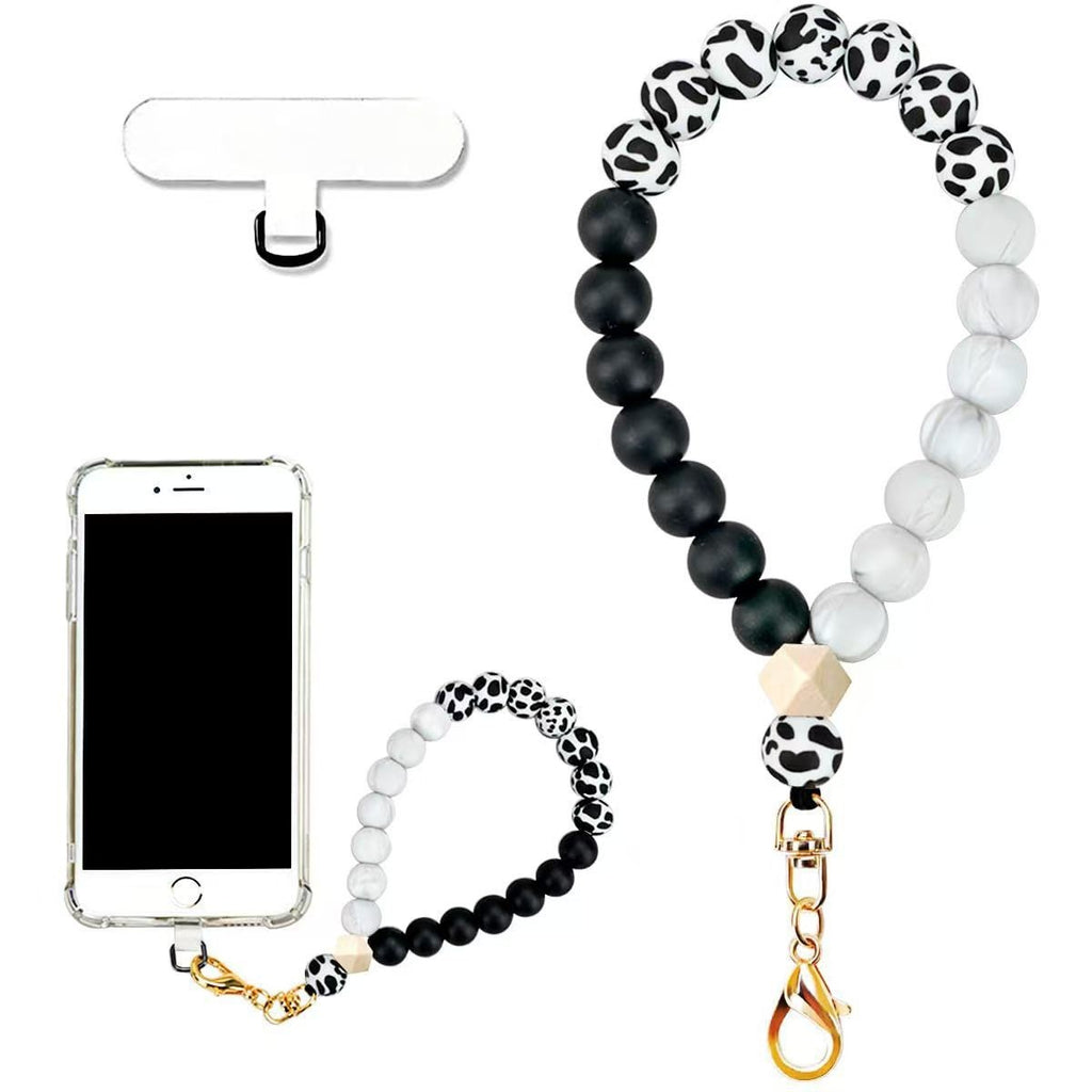 Silicone Bead Phone Wrist Lanyard With Tether Patch - Cow