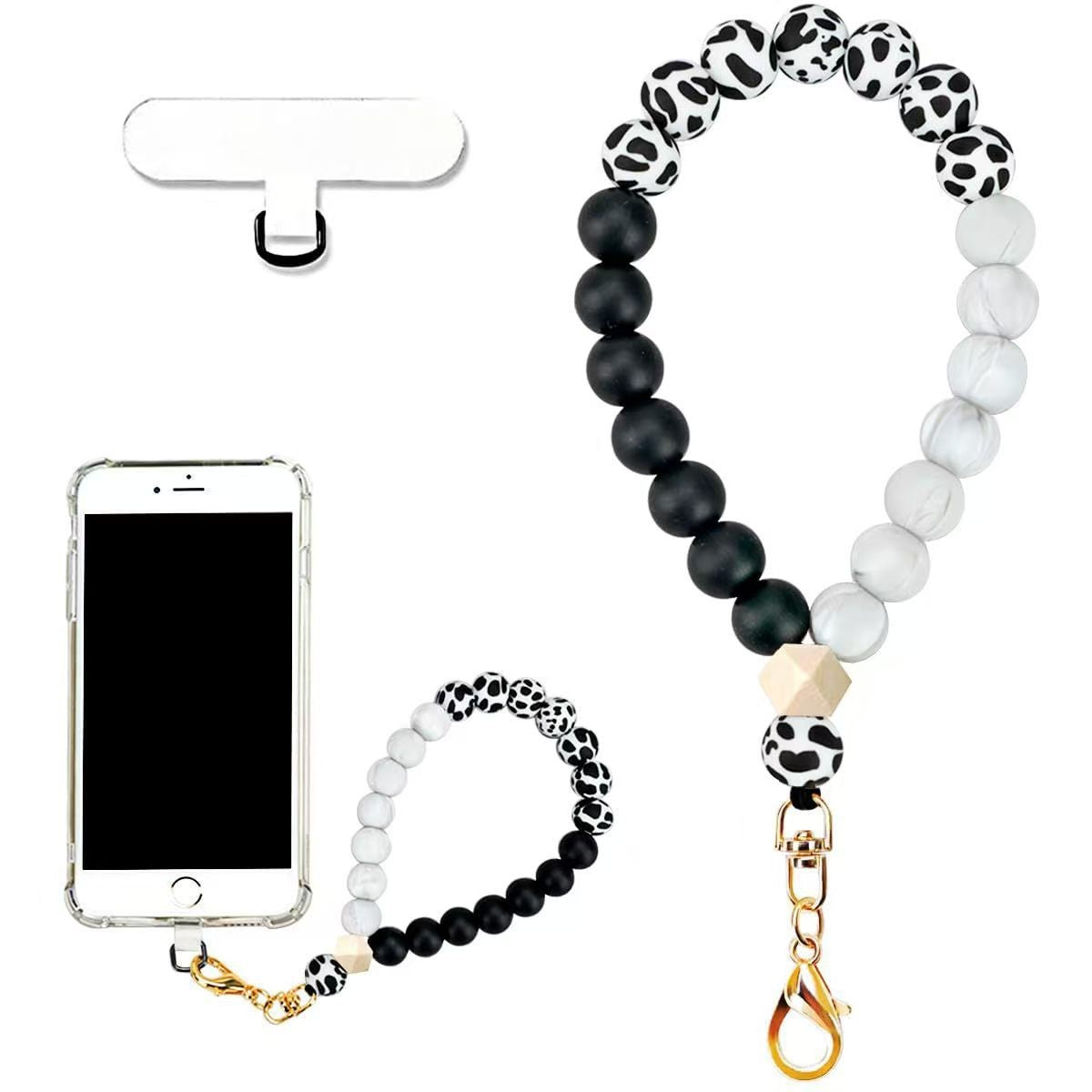 Silicone Bead Phone Wrist Lanyard With Tether Patch - Cow