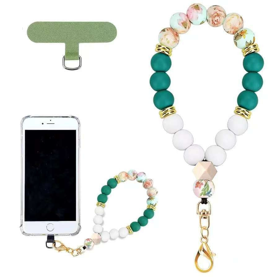 Silicone Bead Phone Wrist Lanyard With Tether Patch - Floral_G