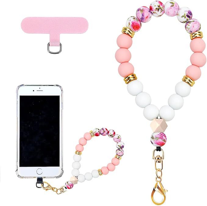 Silicone Bead Phone Wrist Lanyard With Tether Patch - Floral_R