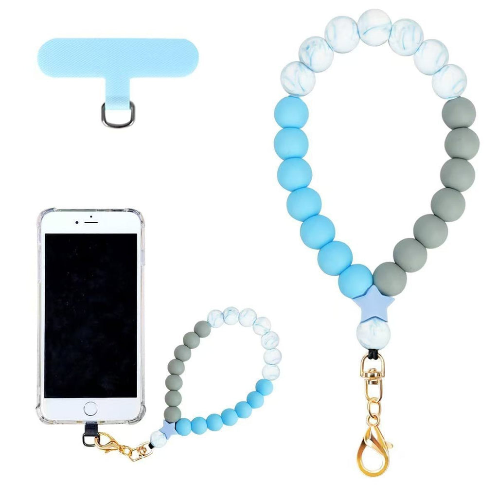 Silicone Bead Phone Wrist Lanyard With Tether Patch - LakeBlue