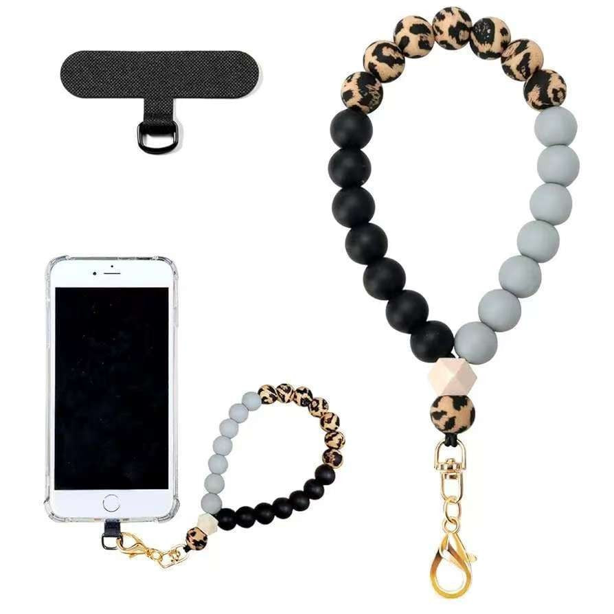 Silicone Bead Phone Wrist Lanyard With Tether Patch - Leopard