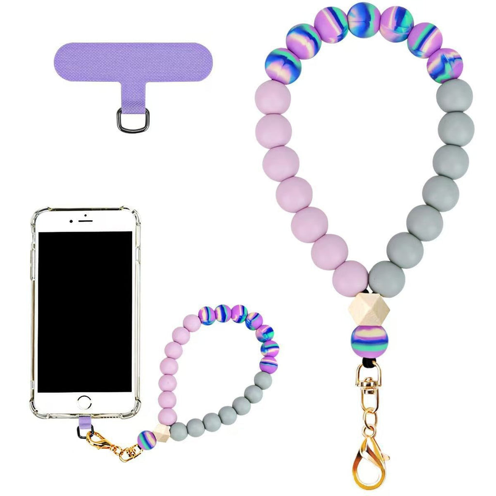 Silicone Bead Phone Wrist Lanyard With Tether Patch - Rainbow