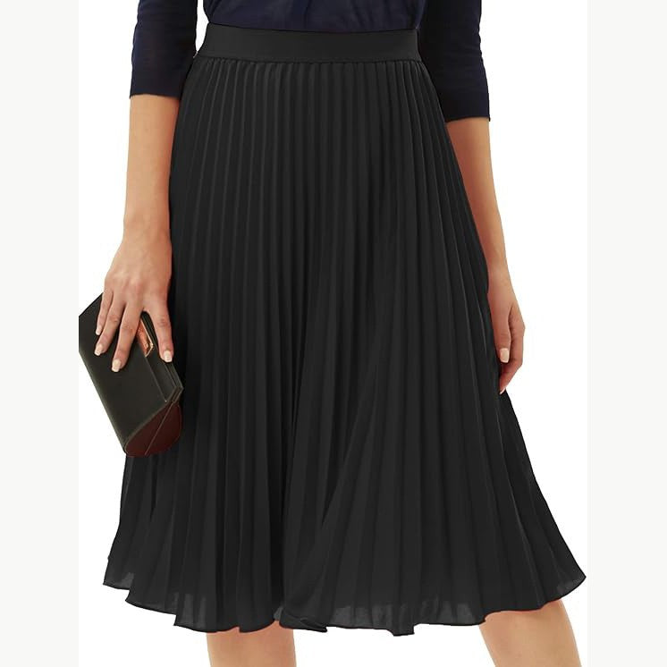 Elastic Waist Chiffon Pleated Midi Skirt - Black