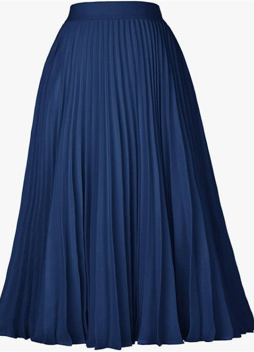 Elastic Waist Chiffon Pleated Midi Skirt - Navy