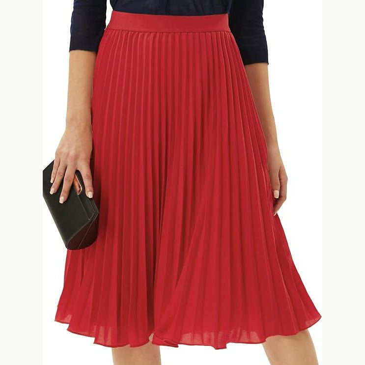 Elastic Waist Chiffon Pleated Midi Skirt - Red