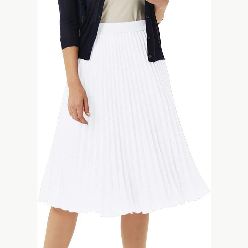 Elastic Waist Chiffon Pleated Midi Skirt - White