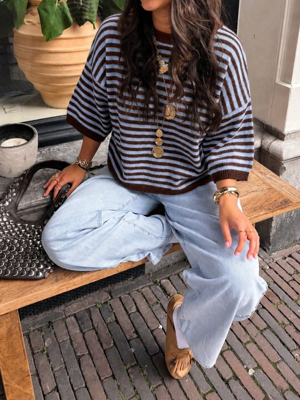 Striped Elbow Sleeve Boxy Knit Sweater - Blue - 1