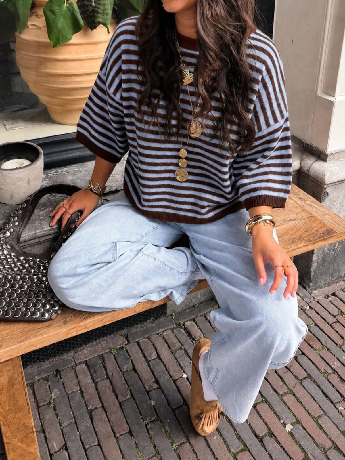 Striped Elbow Sleeve Boxy Knit Sweater - Blue - 1
